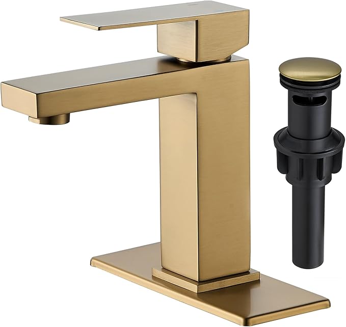 VOTON Brushed Gold Bathroom Faucet, Modern Single Hole Lavatory Vanity Faucet, Single Handle Bathroom Sink Faucet Gold, with Pop Up Drain & Water Supply Hoses
