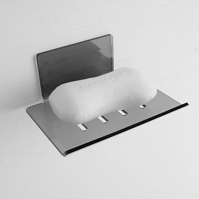 Self Adhesive Soap Dish Wall Mounted, 4 Slot Acrylic Soap Saver, Sponge Soap Holder for Shower Wall, Bathroom, Kitchen (Gray Clear)