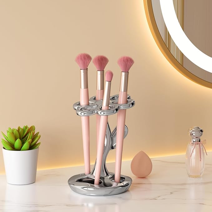 Toothbrush Holder for Bathroom, Flower Shape Ceramic Toothbrush Organiser, Holds 6 Standard Brushes (Silver)