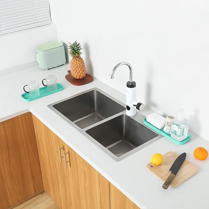 Silicone Kitchen Sink Organizer Tray for Multiple Usage,Eco-Friendly Sponges Holder for Kitchen Bathroom Counter or Sink,Dish Soap Dispenser,Scrubber,Bottle,Cup (Mint, 12"×4")