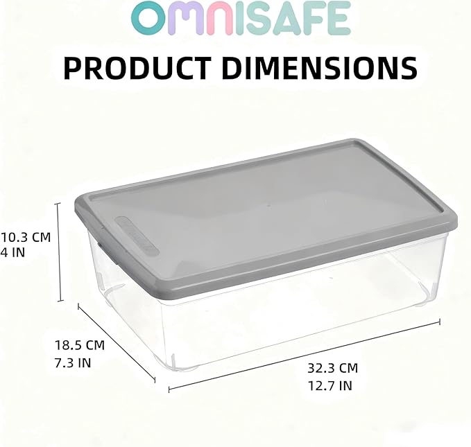 Stackable Plastic Storage Shoebox, BPA-Free Nestable Container with Latching Lid to Organize Shoes, See-Through Box for Home and Office, Multi-Purpose Clear Bins (Grey, 12 Pack)