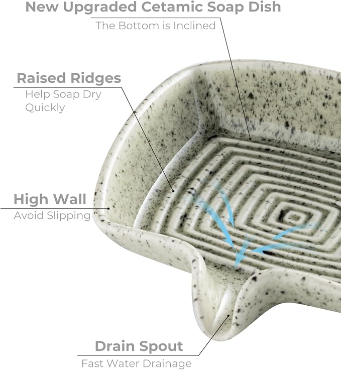 Self Draining Soap Dish, Ceramic Drain Soap Holder Waterfall Design Soap Saver for Shower, Bathroom, Sink, Kitchen and Countertop, Keeps Dry, Speckled Glaze
