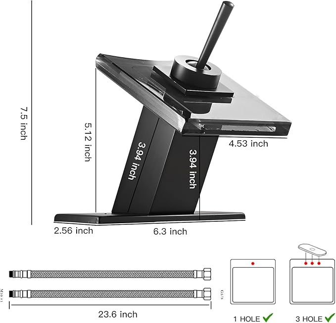 Black Sink Faucet Bathroom LED Light 3 Colors Changing Waterfall Glass Spout Hot and Cold Water Mixer Single Handle One Hole Deck Mounted Bathroom Faucet Lavatory Vanity Basin Mix Tap Commercial