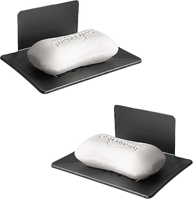 2 Pack Soap Dishes for Bathroom, Bar Soap Holder with Self Draining Tray, Soap Tray for Shower Wall, 4 Slot Self-Adhesive Soap Container (Gun Grey)