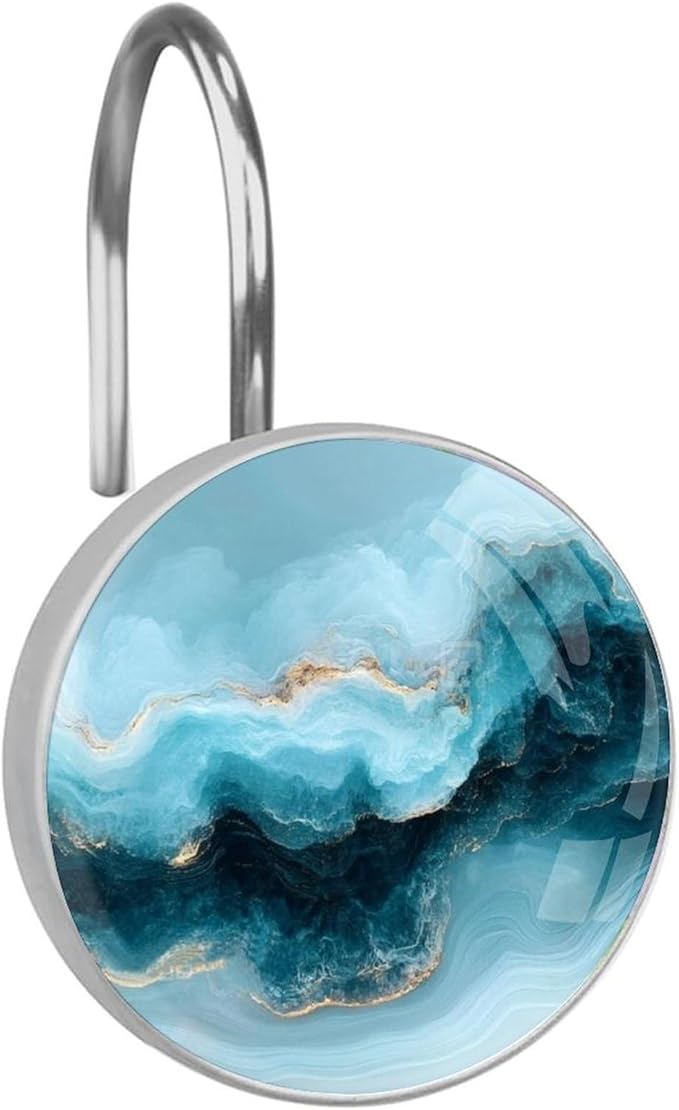 Grey-Blue Marble Decorative Shower Curtain Hooks,12 Pcs Rust Proof Glass Surface Stainless Steel Curtain Rings for Bathroom Bedroom Living Room Shower Rods Decor