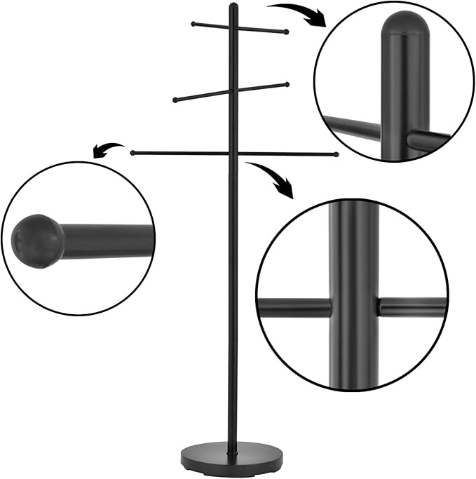 MyGift 6 Bar Outdoor Towel Rack for Pool, Modern Black Metal Free Standing Hot Tub Bathroom Accessories Storage Holder for Bath Towels, SPA & Poolside Towel Stand with Round Weighted Base