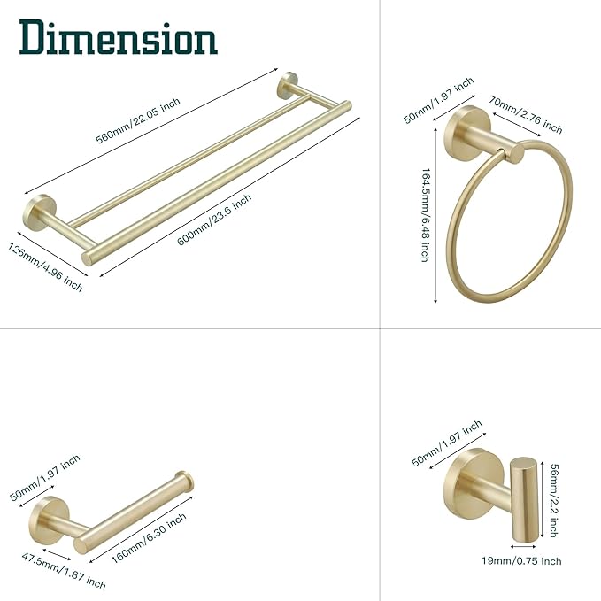 5Pcs Bathroom Hardware Set, Towel Racks for Bathroom Wall Mount, Stainless Steel Towel Bar Set with Toilet Paper Holder Hand Towel Holder Robe Hook Accessory Kit, Brushed Gold