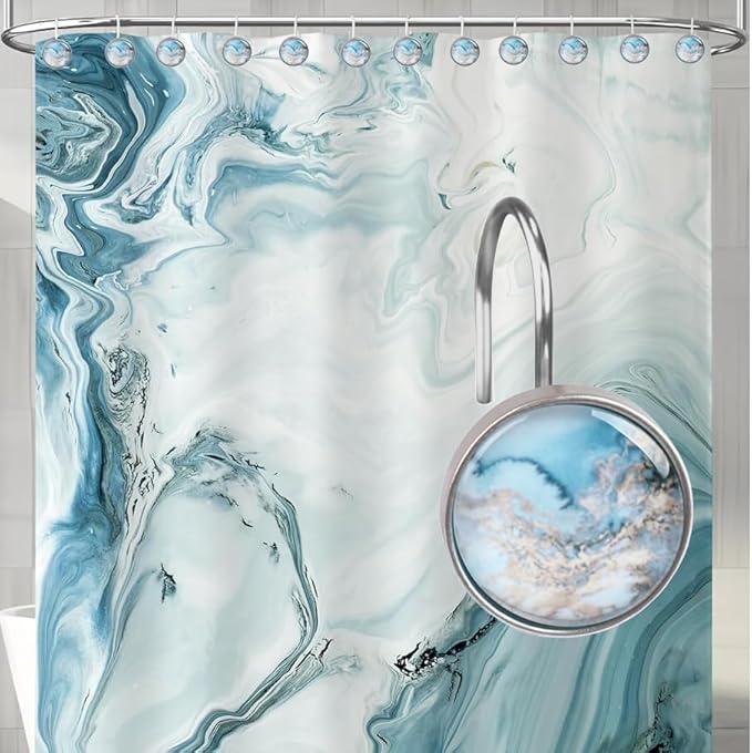 12PCS Blue Gray Glass Shower Curtain Hooks, Decorative Shower Curtain Rings Snowflake Texture Shower Hooks Rustproof Stainless Steel, Bathrom Decor