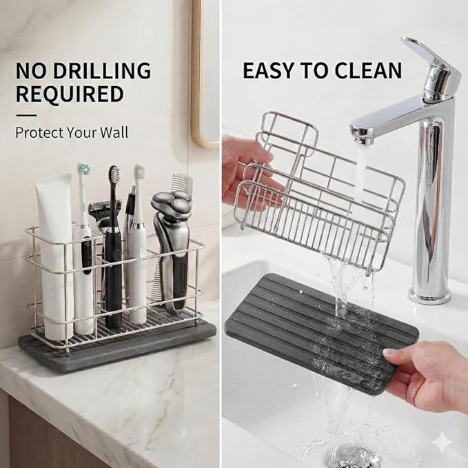 Toothbrush Holder for Bathroom Countertop, Stainless Steel Electric Toothbrush Organizer with Quick-Drying Diatomite Stone Mat, Rustproof Vanity Caddy for Toothpaste and Razors, Grey
