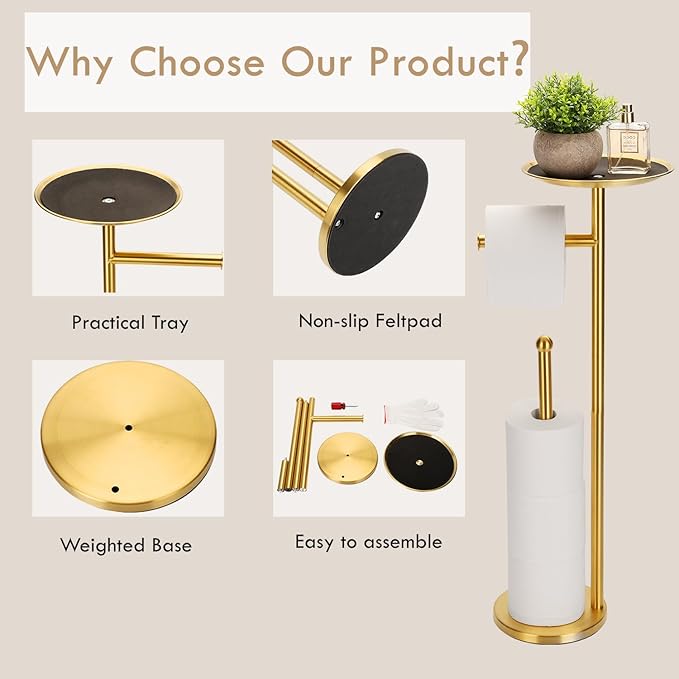 Toilet Paper Holder Freestanding with Big Shelf, 4 Rolls Reserve Paper Holder Stand, Modern Paper Roll Holder with Storage Space for Phones (Gold)