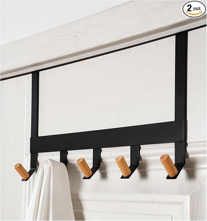 A&M Shops Over The Door Hanger - Heavy Duty Metal Door Hanger with Lotus Wood Tip for Bathroom & Bedroom - Coat Rack Organizer with 5 Stylish Towel Hooks for Door, Clothes & Bags - Black - Pack of 2