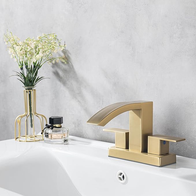 4 Inch Centerset Bathroom Faucet, 2-Handle Waterfall Sink Faucet 3 Hole, Brushed Gold Vanity Faucet with Pop Up Drain & cUPC Supply Hoses,Waterfall Bathroom Faucet for Lavatory