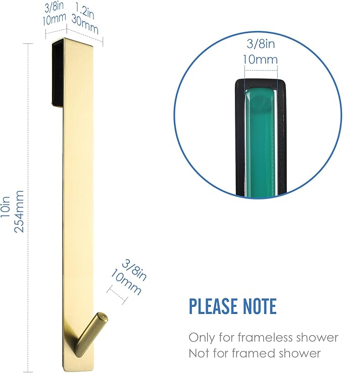 Simtive Extended Shower Door Hooks (10-Inch), Over Door Hooks for Bathroom Frameless Glass Shower Door, Towel Hooks, 2-Pack, Gold
