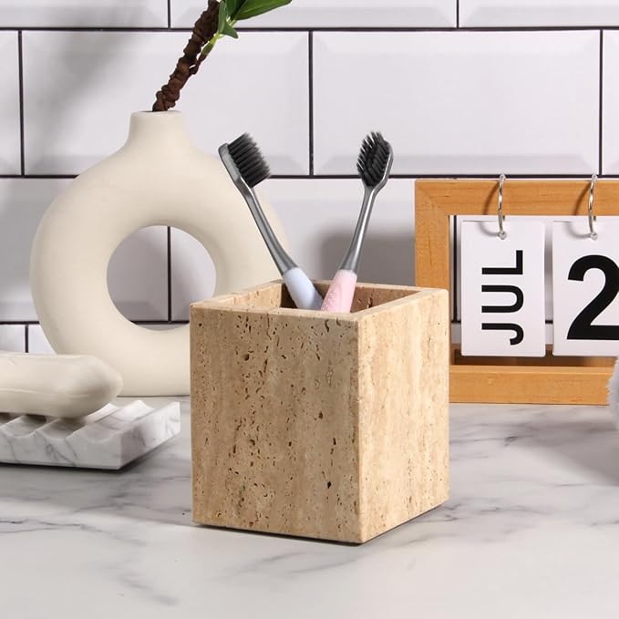 Natural Marble Toothbrush Holder for Bathroom Countertop (8.5x8.5x10cm) - Multifunctional Organizer for Makeup Brushes, Vanity Accessories & Utensils Sink (1, Travertine)