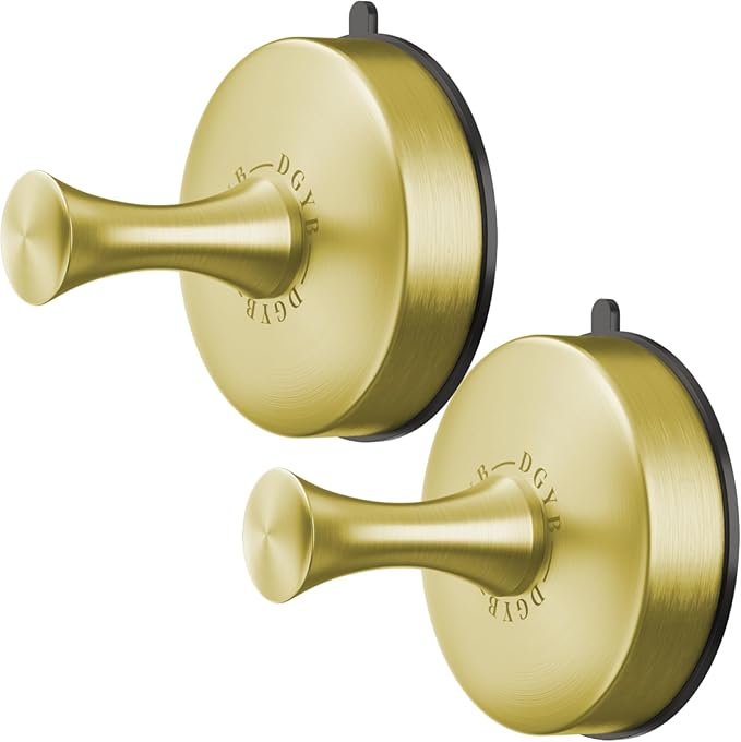DGYB Suction Cup Hooks for Shower Set of 2 Removable Stainless Steel Towel Hook for Bathroom Glass Window Door Wall and Suction Wreath Hook for Hanging Robe, Loofah, Coat - Gold