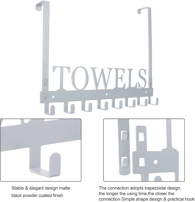 Over The Door Hooks, Heavy Duty Wall Mount Towel Hanger with 8 Hooks for Bedroom, Bathroom, Kitchen Towels, Silver