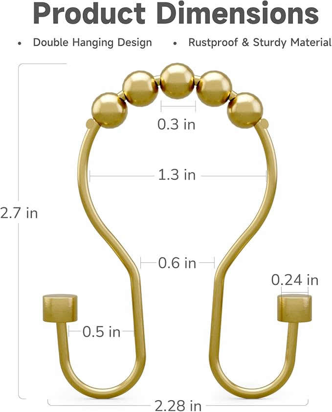 Shower Curtain Hooks, Shower Curtain Rings Rust Proof Double Hook Shower Curtain Hooks with Clindrical Design, 12 Pcs Light Gold Shower Hooks for Shower Curtain, Metal Shower Rod Hooks
