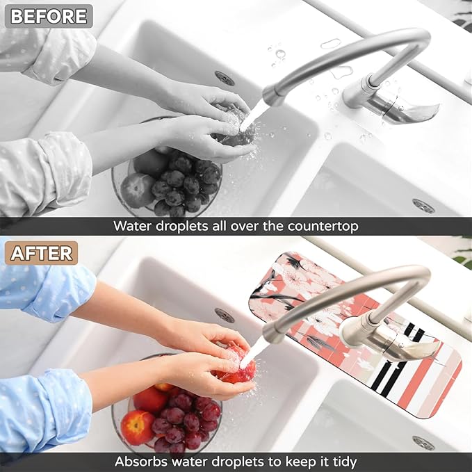Petals Stripe Kitchen Faucet Mat Splash Guard, 15.4”x5.7” Absorbent Quick Drying Sink Mat for Countertop Protection, Draining Mat Sink Protectors For Kitchen Bathroom, 2 Pack