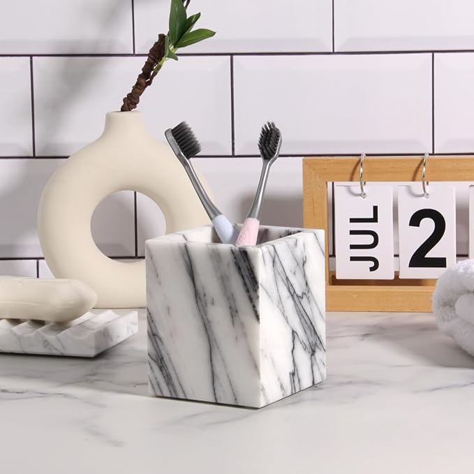 Natural Marble Toothbrush Holder for Bathroom Countertop (8.5x8.5x10cm) - Multifunctional Organizer for Makeup Brushes, Vanity Accessories & Utensils Sink (1, Lilac)
