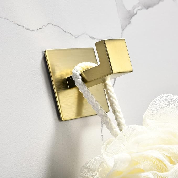 Flybath Square Towel Hooks Robe Hook Holder SUS 304 Stainless Steel Bath Kitchen Door Wall Stick on Coat Hooks for Hanging Self Adhesive, Brushed Gold - 2 Pack