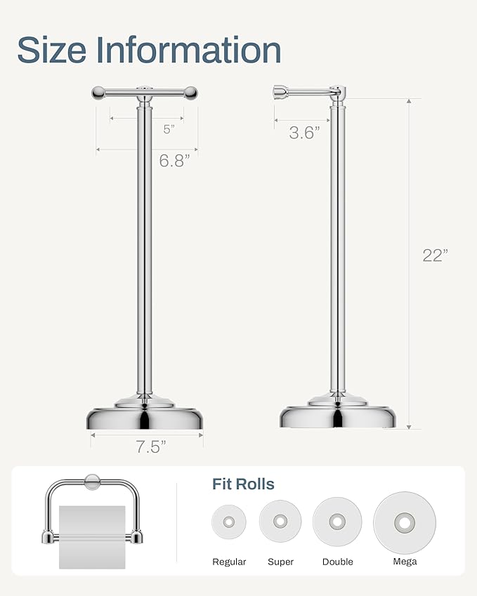 Freestanding Toilet Paper Holder Stand - Rustproof 304 Stainless Steel with Heavy Duty Weighted Base (4.8lbs), 22" Height Pivot Arm Tissue Roll Dispenser, Fits Mega Rolls - Chrome Finish
