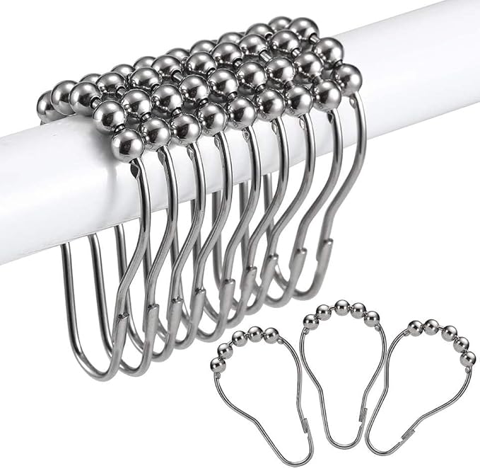 12-60pcs Rust Resistant Stainless Steel Rolling Shower Curtain Hooks/Rings/Hangers - Gold Shower Rod Hooks, Easy Sliding Shower Curtain Holders, Black Shower Curtain Rings (12, Silver)