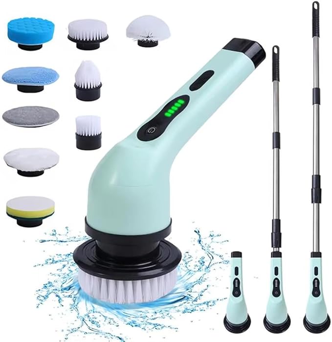Electric Spin Scrubber, Cordless Electric Cleaning Brush with Extension Handle, 9 Replaceable Brush Heads, 1.5H Working Time, 2 Speed, Power Scrubbing Brush for Floor, Tile, Kitchen, Car Wash Teal