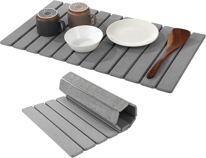 Extra Large Diatomaceous Earth Stone Dish Drying Mat with Anti-Slip Mesh and Dishcloth - Absorbent Quick Dry Drying Mat, Foldable Drying Mat with Grooves for Dishes Cups, 28 x 16 in