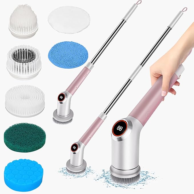 Cordless Power Scrubber, Electric Cleaning Brush with 7 Replaceable Brush & Djustable Stretchable Arm, Bathroom Shower Bathtub Glass Car Portable Electric Spin Scrubber Set