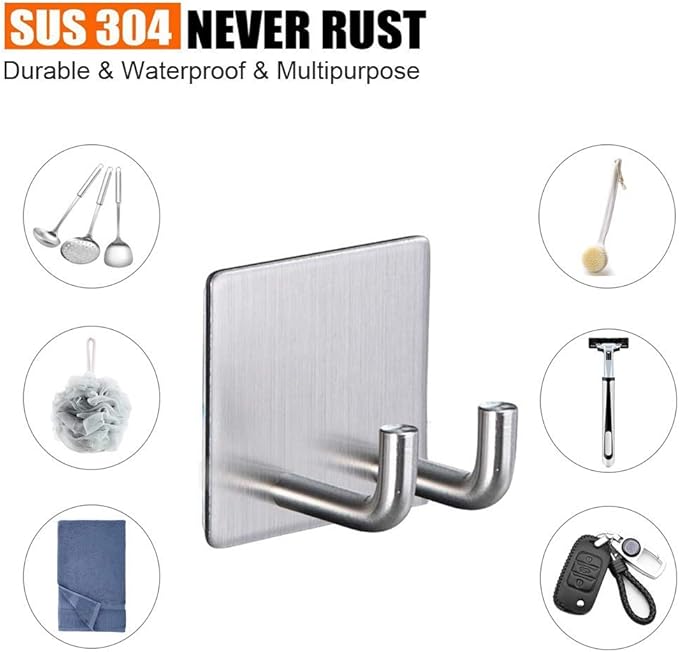 Adhesive Hooks, Stainless Steel Razor Holder Towel Hook for Bathroom, Heavy Duty Wall Hanger, Waterproof Anti-Skid Double Hanging Robe Hook 4-Pack