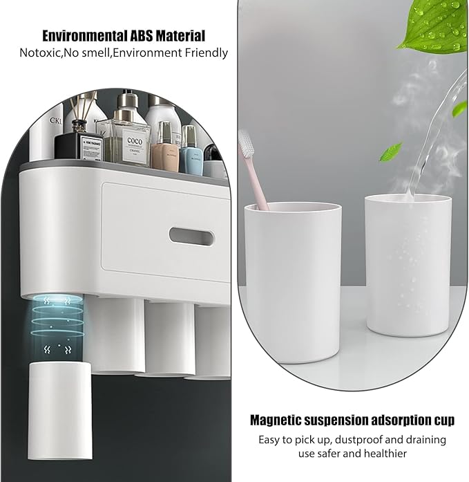 Toothbrush Holders Wall Mounted, Double Automatic Toothpaste Dispensers Squeezer Kit, Toothbrush Holder with Automatic Toothpaste Dispensers, 6 Brush Slots, 2 Magnetic Cups,1 Drawer and 1 Storage Tray