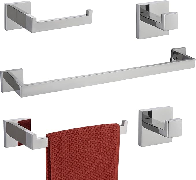 TASTOS 5-Piece Bathroom Hardware Set Wall Mounted Bathroom Accessory Set, Premium Stainless Steel Robe Hook Toilet Paper Holder 24-Inch Towel Bar (Polished)