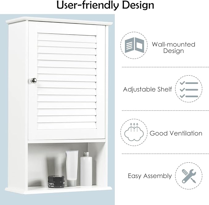 Tangkula Medicine Cabinet, Wall Mounted Bathroom Cabinet Single Door Wooden Bathroom Wall Cabinet with Adjustable Shelf