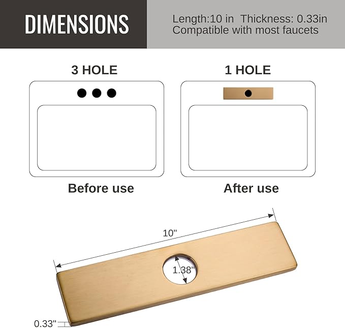 10" Sink Faucet Hole Cover Deck Plate for Bathroom & Kitchen Vanity Sink, Gold Escutcheon Plate Stainless Steel Outside Faucet Cover Cap Rectangle Mixer Tap