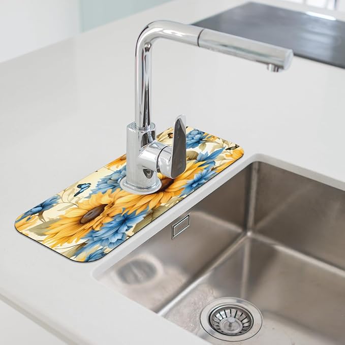 Sunflower Blue Bloom Kitchen Faucet Mat Splash Guard, 15.4”x5.7” Absorbent Quick Drying Sink Mat for Countertop Protection, Draining Mat Sink Protectors For Kitchen Bathroom, 2 Pack