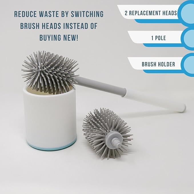 Don Aslett Silicone Toilet Bowl Brush Set (Gray) Includes Slim Brush Holder, Sturdy Handle, & 2 Replacement Heads with Durable Silicone Bristles | Easy to Clean & Compact Toilet Scrubber for Bathroom