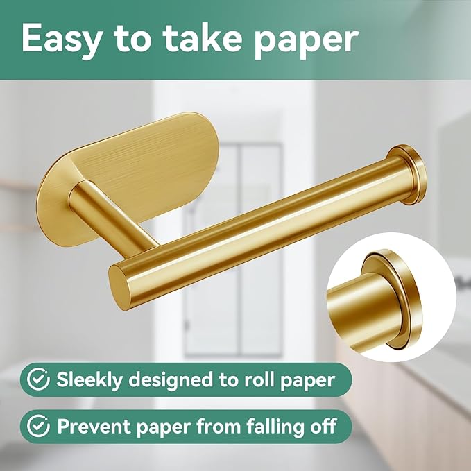 2 Pack Gold Toilet Paper Holder Self Adhesive no Drilling Wall Mount SUS304 Stainless Steel Rustproof Toilet Roll Holder for Bathroom, Washroom