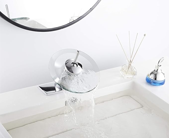 Bathroom Faucet Chrome Waterfall Glass Spout Single Handle One Hole Bath Sink Faucet Vanity Lavatory Basin Mixer Tap with Cover Plate Deck Mount Commercial
