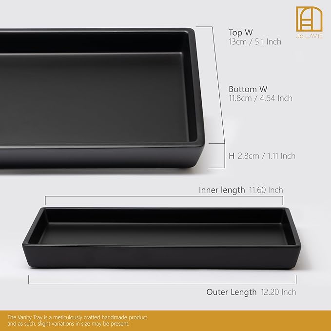 Bathroom Vanity Tray – 12"x5" Black Resin Counter Organizer for Perfume, Soap, Jewelry & Candles – Minimalist Tray for Sink, Dresser, Airbnb, Hotel or Bathroom Decor