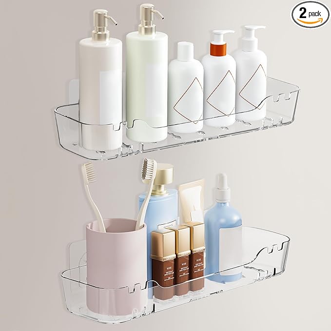 2 Pack Acrylic Shower Shelves, Adhesive Shower Organizer Wall Mounted Shower Caddy Bathroom Organizers and Storage No Drilling, Quick-Dry, Easy to Clean and Install, Clear