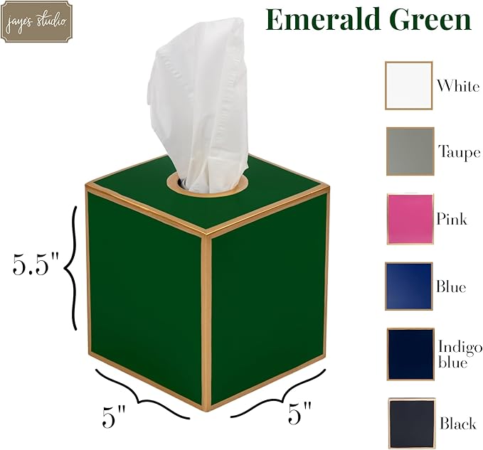 Jaye’s Studio Decorative Square Metal Tissue Box Cover Gold - Luxury Cube Facial Tissue Holder & Dispenser for Bathroom, Bedroom & Home, Modern Chic & Farmhouse Decor, Mattie Line (Emerald Green)