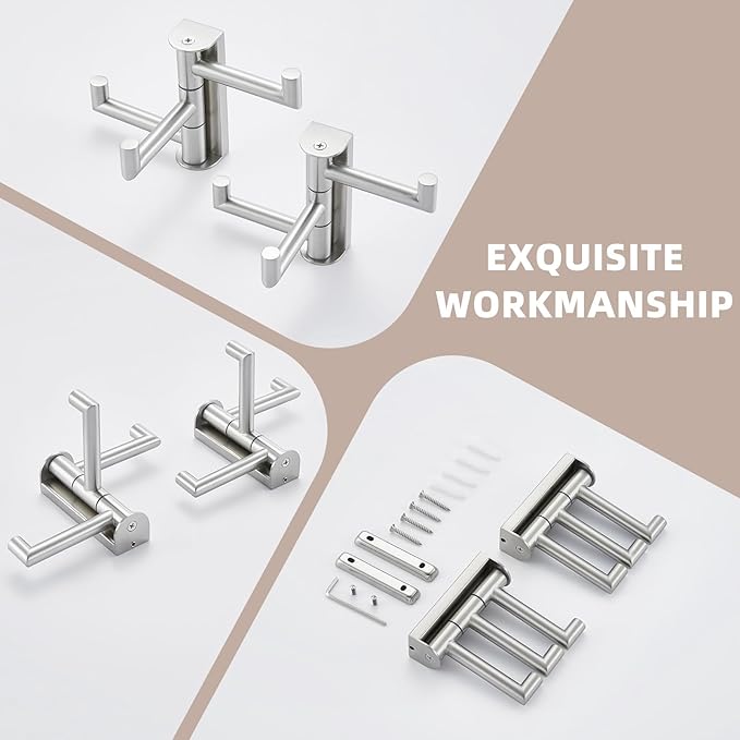 Suyar Towel Hook for Bathroom, SUS 304 Stainless Steel Swivel Robe Holder with 3 Arms, Wall Hook Brushed Nickel, 2 Pack