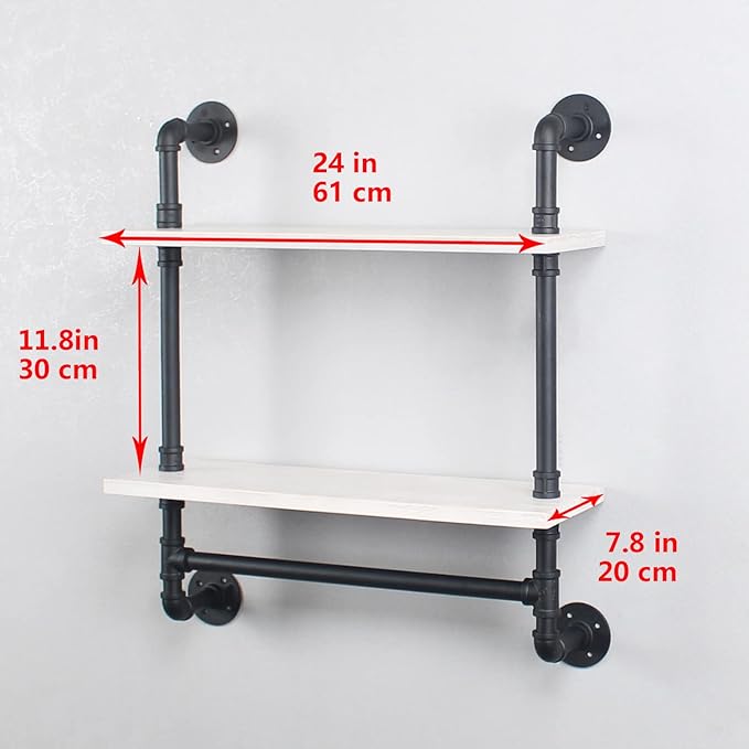 MBQQ Iron Pipe Shelves Industrial Bathroom Shelves with Towel bar,24in Rustic Metal Pipe Floating Shelves Pipe Wall Shelf,2 Tier Industrial Shelf Wall Mounted,Black & White