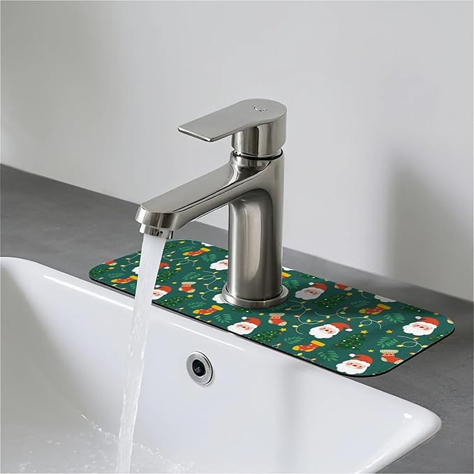 Faucet Draining Mat For Kitchen Sink, Santa Claus Green Diatom Mud Absorbent Drain Pad For Bathroom Kitchen Sink Splash Guard Drying Mat