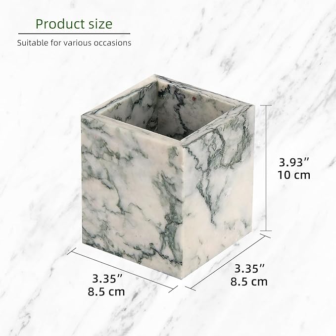 Natural Marble Toothbrush Holder for Bathroom Countertop (8.5x8.5x10cm) - Multifunctional Organizer for Makeup Brushes, Vanity Accessories & Utensils Sink (Green Texture)