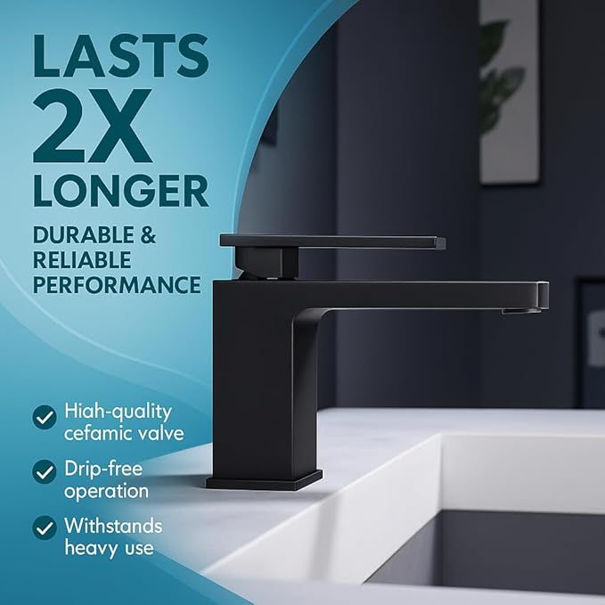 Single Hole Bathroom Faucet， Matte Black Brass Sink Faucet for Bathroom Vanity, CUPC Hose, Pop-Up Drain & Anti-Splash Bubbler，Easy-Install for Farmhouse, RV & Vanity