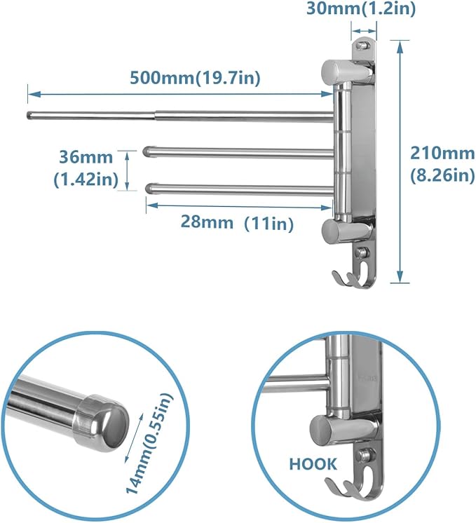 Adjustable Bathroom Towel Rack JSVER SUS304 Stainless Steel Towel Rack with Adjustable Arms (Silver, 3 Arms)