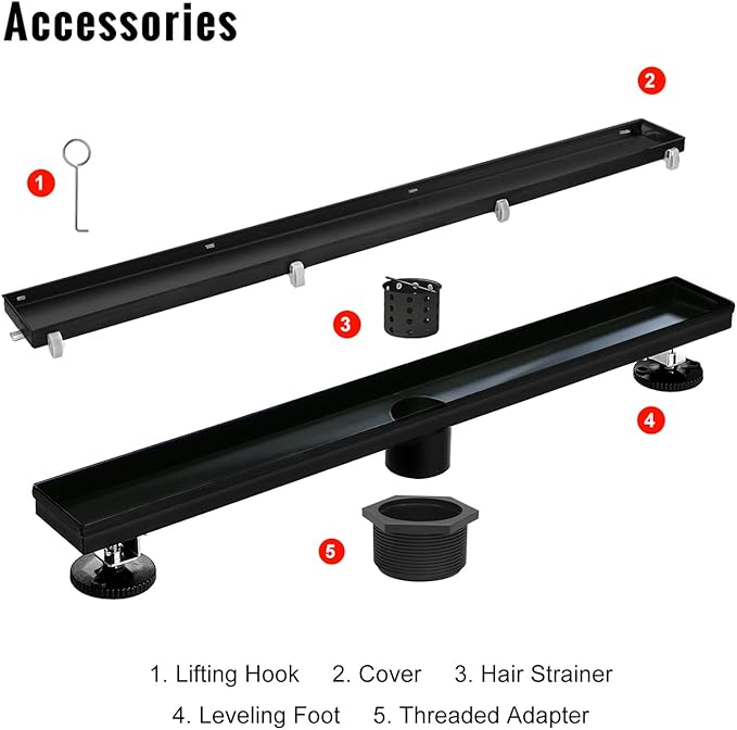 SaniteModar Linear Shower Drain, Black Shower Drain 24 inch with Flat and Tile Insert 2 in 1 Panel, AISI 304 Stainless Steel Black Linear Shower Floor Drain with Hair Strainer and Leveling feet