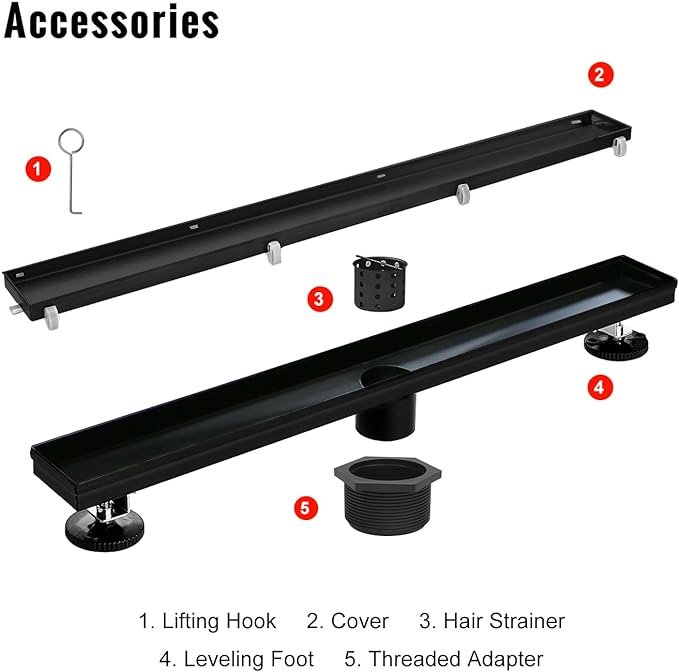 SaniteModar Linear Shower Drain,Black Shower Drain 48 inch with Flat & Tile Insert 2 in 1 Panel, with Hair Strainer and Leveling Feet…
