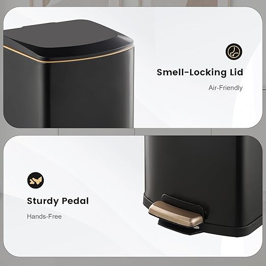 ELPHECO Bathroom Trash Can with Lid 4 Gallon / 15.1 Liter Stainless Steel Garbage Bin with Pedal Black Trash Can with Removable Inner Bucket for Kitchen (Matte Black)